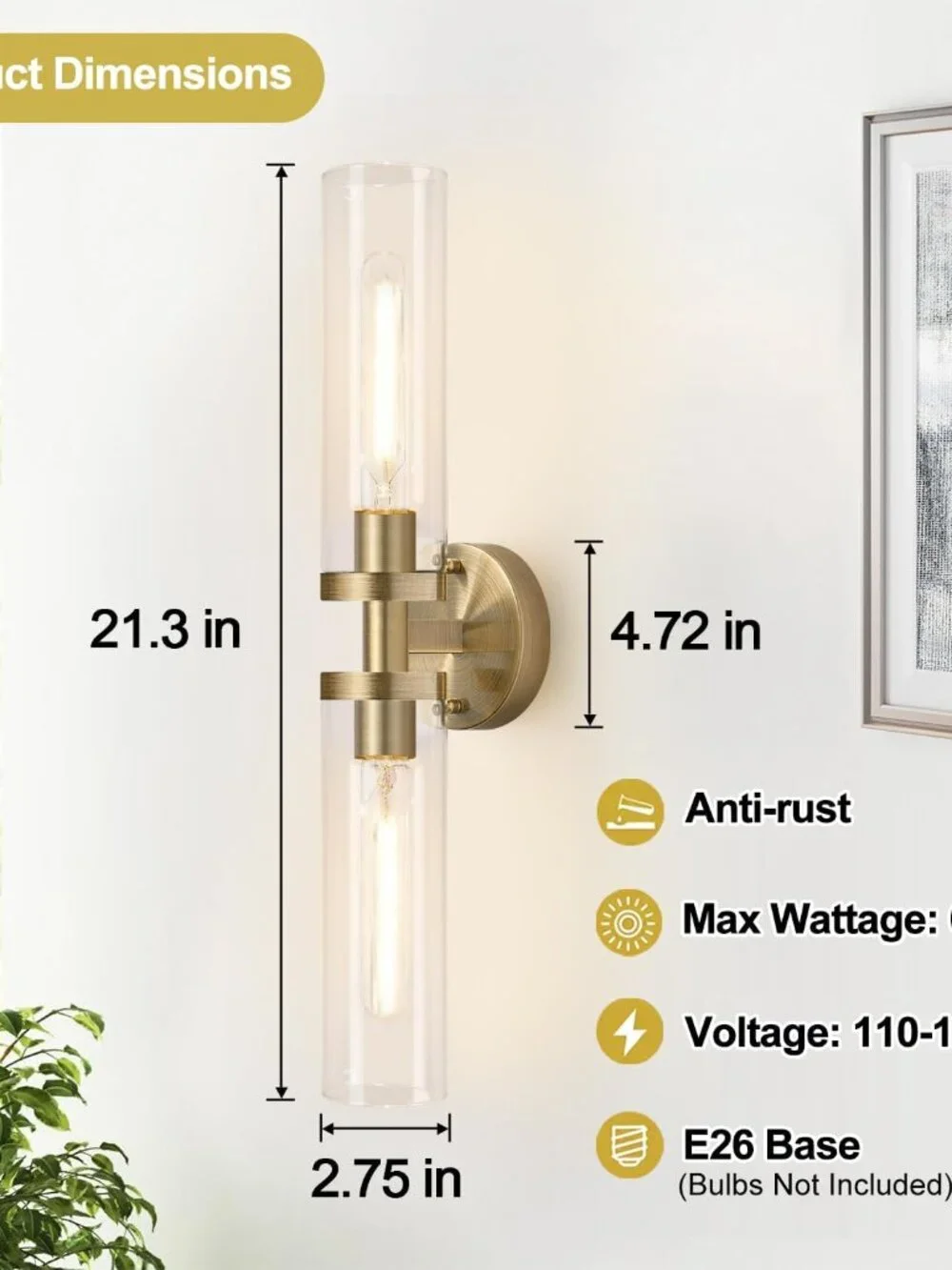 Wall Sconces Set of Two, Hardwired Brass Bathroom Sconces Wall Lighting